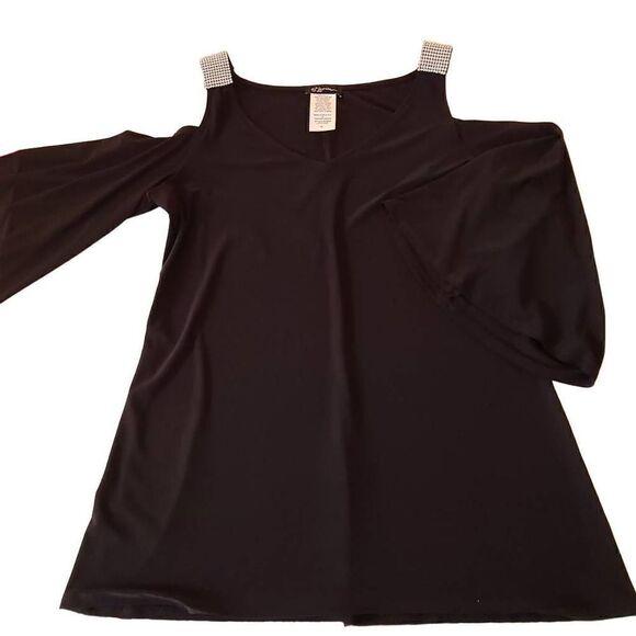 S Levine Womens Cold Shoulder Rhinestone Black Dressy Top Medium - Picture 8 of 11